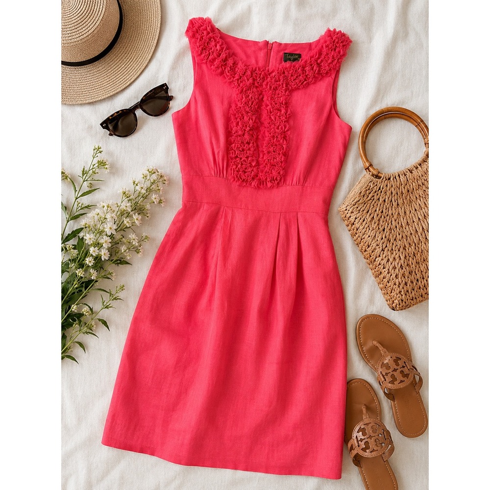 Taylor Women's Coral Pink Ruffle Neck Linen Blend Sheath Dress Size 4 Sleeveless
